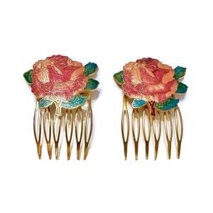 Set Of 2 Cloisonné Rose Hair Comb Side Comb Gold Tone Metal